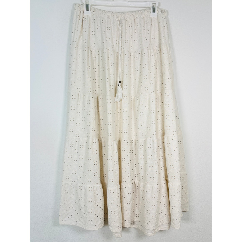 Melissa Paige White Eyelet Lace Midi Skirt Boho Floral Scalloped Hem Womens L